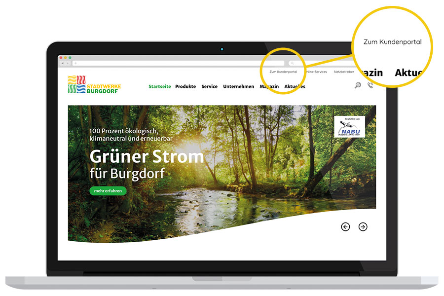 Laptop zeigt die Startseite der Stadtwerke Burgdorf mit Hervorhebung des Kundenportal Links